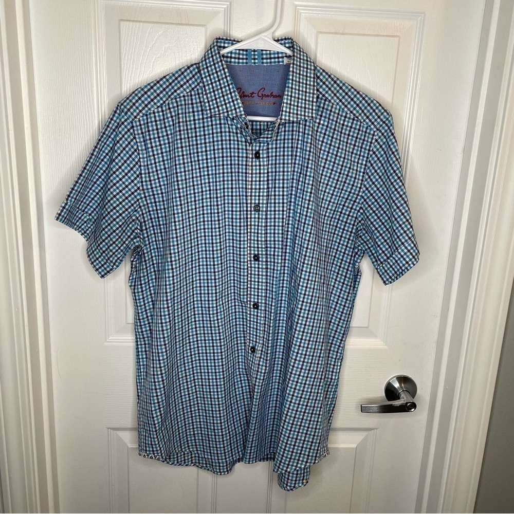 Robert Graham Modern Americana Blue Plaid Contrasting Collar Shirt L